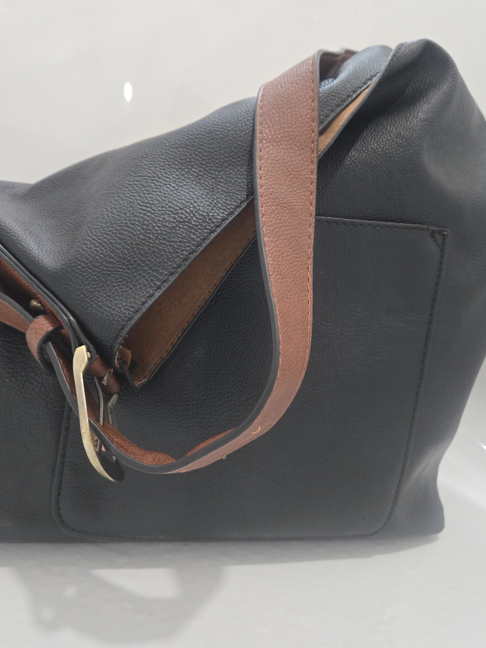 Classic Black Tote with Brown Strap - Women Bags